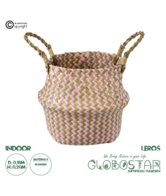 GloboStar® Artificial Garden LEROS 20341 Διακοσμητικό Ψάθινο Καλάθι - Κασπώ Γλάστρα - Flower Pot Ροζ με Καφέ Φ18cm x Υ20cm